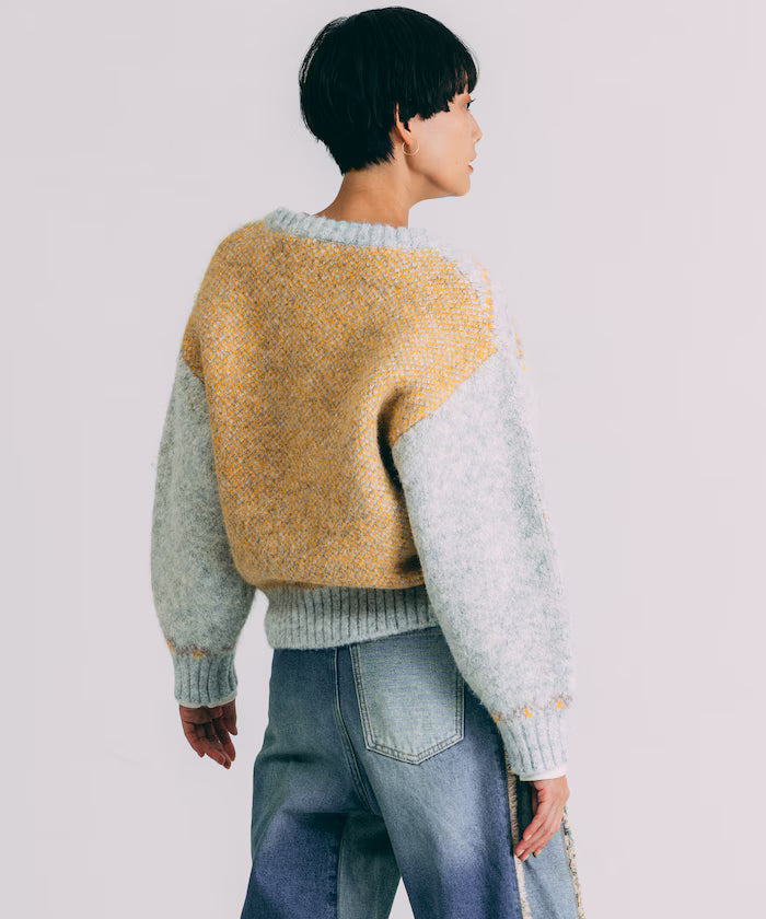 V-neck color block Nordic pattern knit