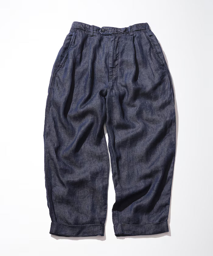 French Linen Denim 1 Tuck Trousers - Navy
