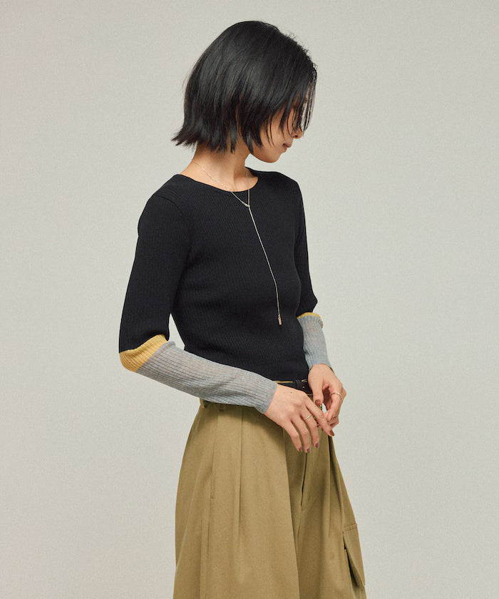 Functional material silk blend color block knit pullover / anti-pill / machine washable