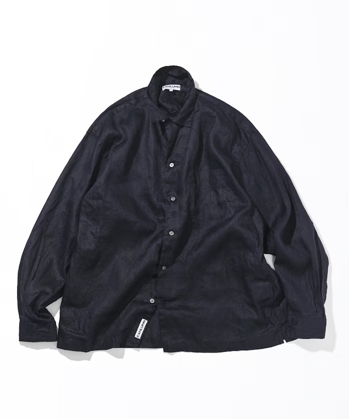 Linen Open Collar Long Sleeve Shirt - Navy