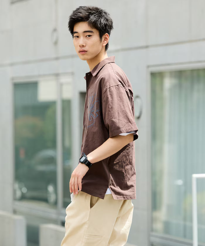 Relaxed Fit Flower Embroidered Short Sleeve Open Collar Shirt [Limited Edition]