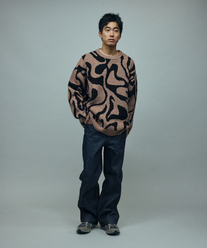 All-over Pattern Double Jacquard Knit Crew Neck Pullover / Relaxed Fit
