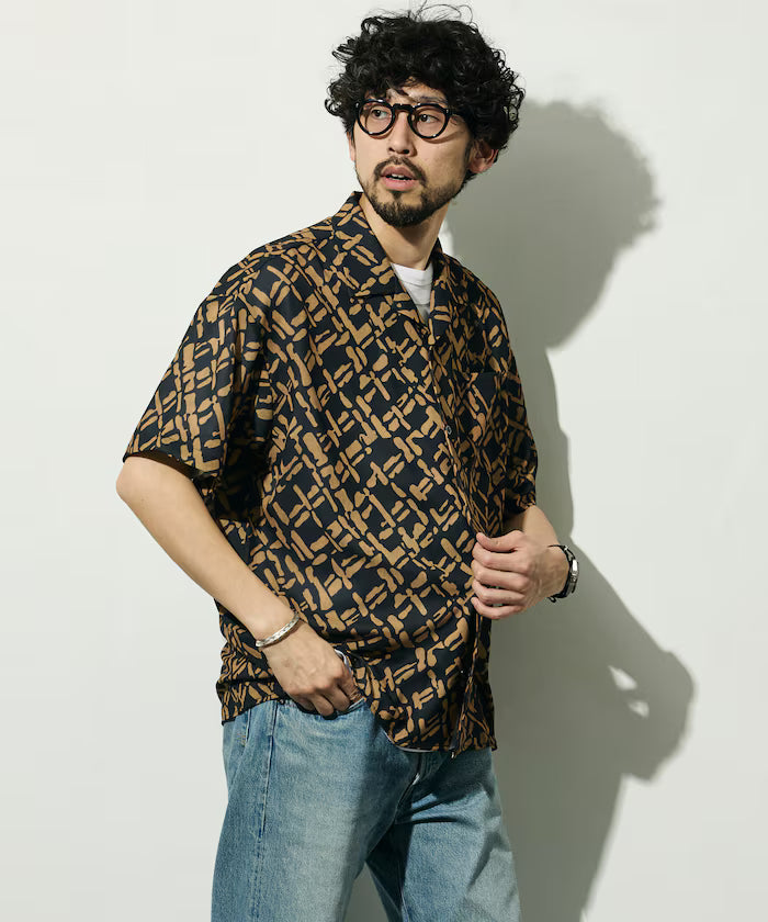 Mesh Open Collar Pattern Short Sleeve Shirt / Allover Design Open Collar Shirt / Big Silhouette