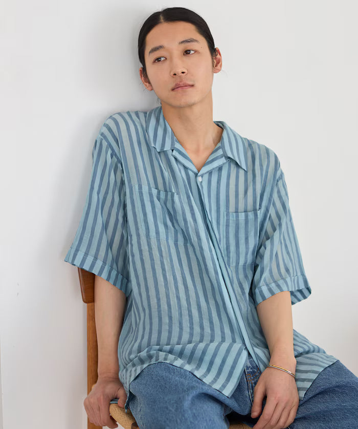 Indian-made Relaxed Fit Wide Stripe Sheer Sucker Open Collar Short Sleeve Shirt