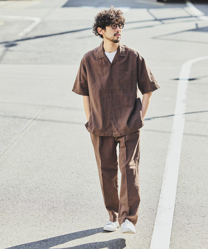 LINEN COTTON OPEN COLLAR SS SHIRT