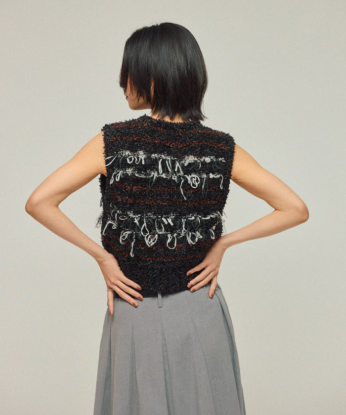 Mixed Material Fringe Knit Vest / Striped Knit Vest 25AW