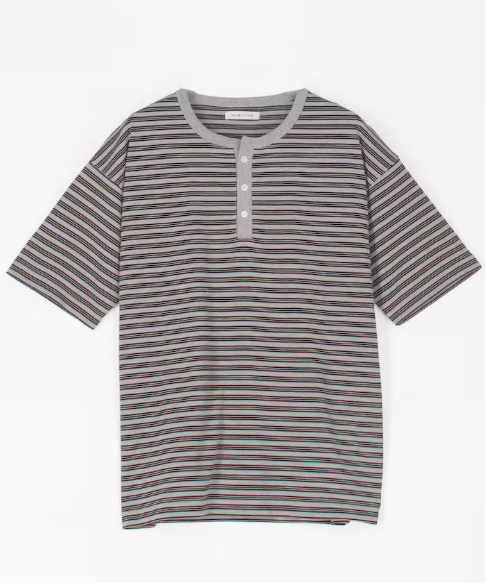 Multi-border Henley Neck Short Sleeve T-shirt