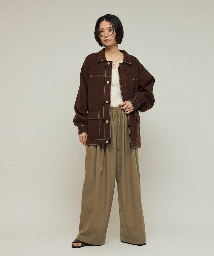 Oversized Wool Blend Knit Coverall / Color Stitch Knit Jacket