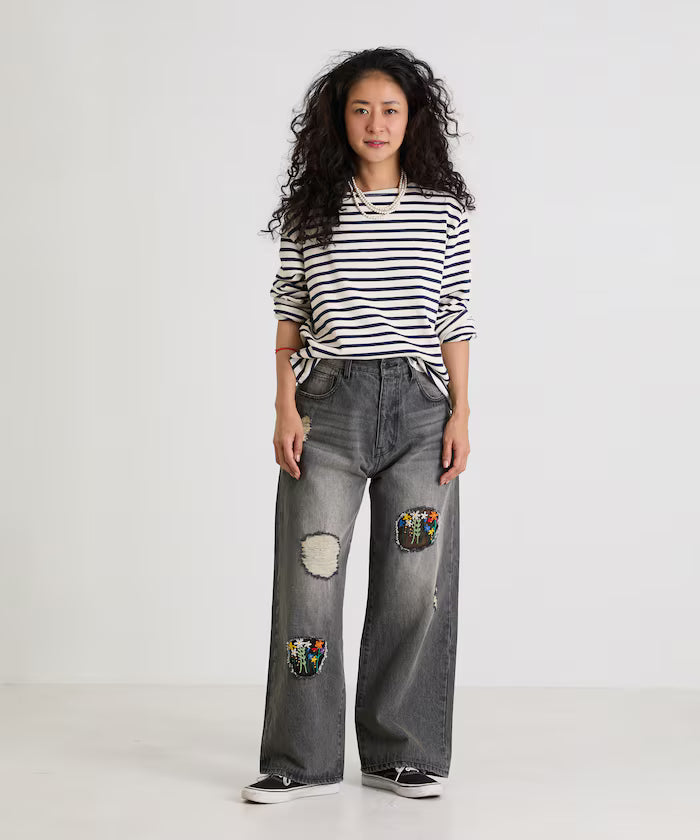 Flower Embroidery Wide Denim
