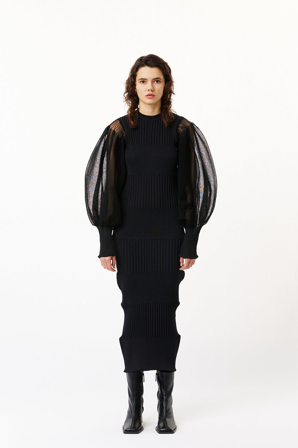 FLUTED LUCENT GLITTER LONG PUFF SLEEVE DRESS