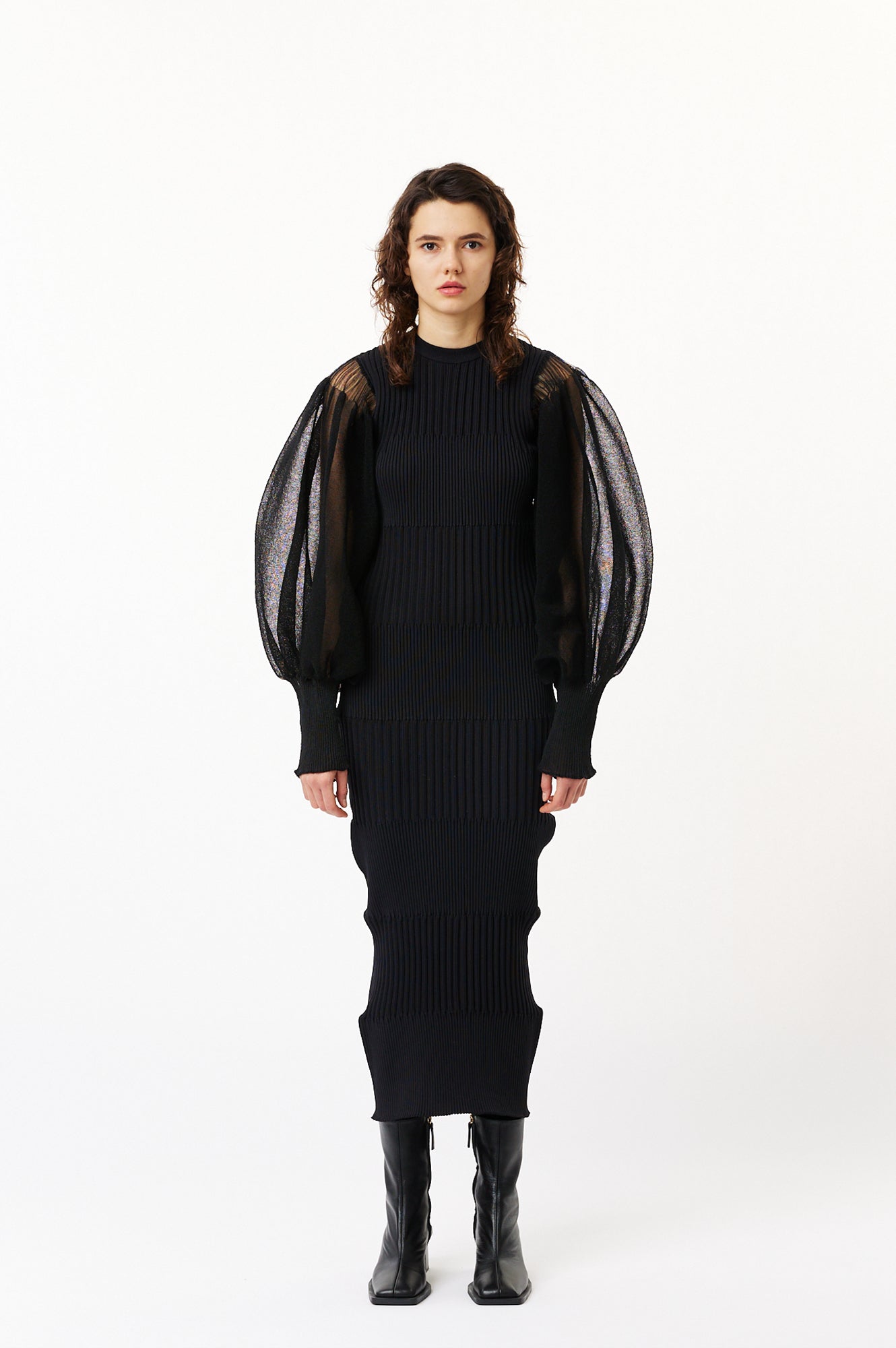 FLUTED LUCENT GLITTER LONG PUFF SLEEVE DRESS