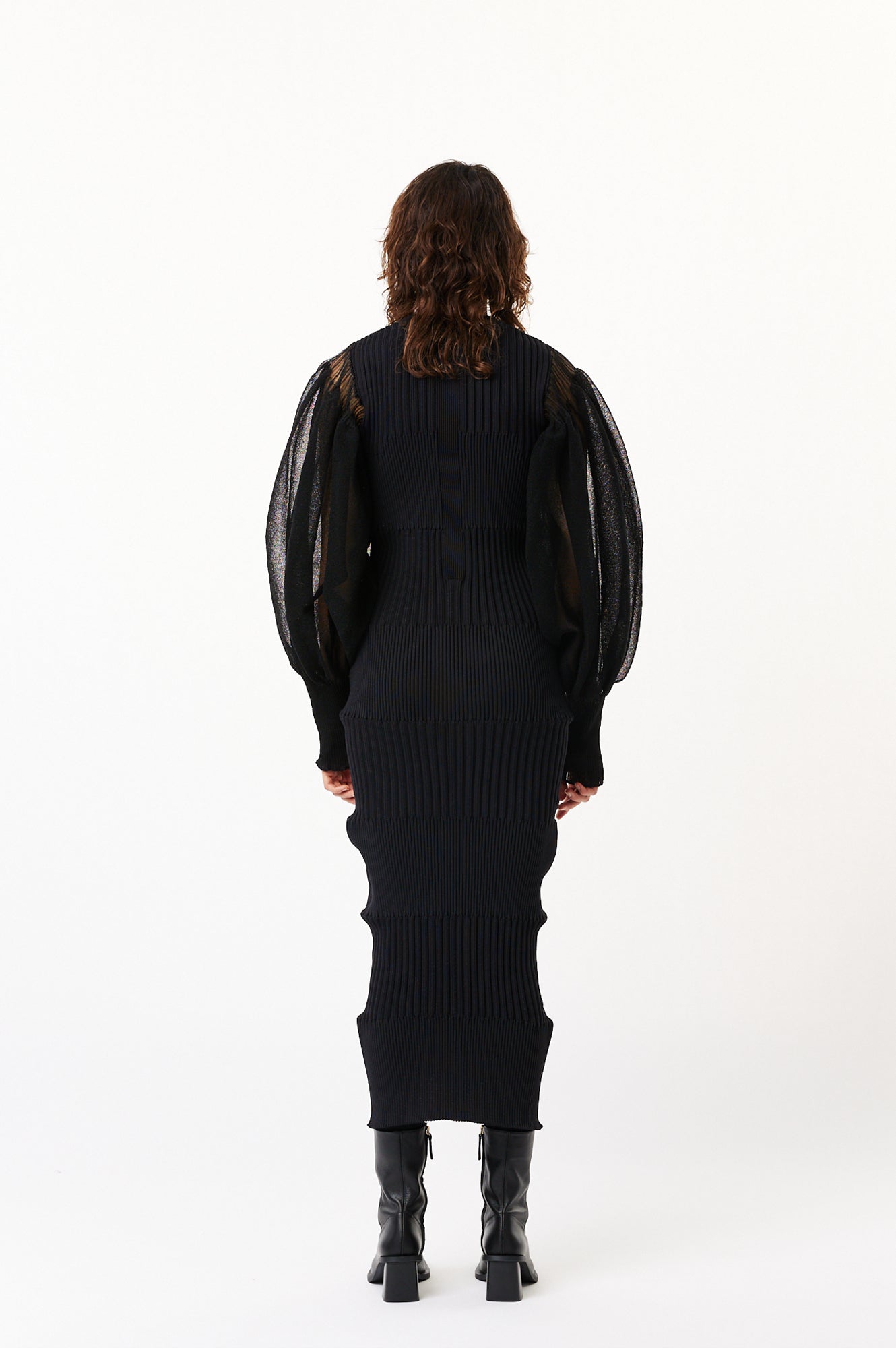 FLUTED LUCENT GLITTER LONG PUFF SLEEVE DRESS