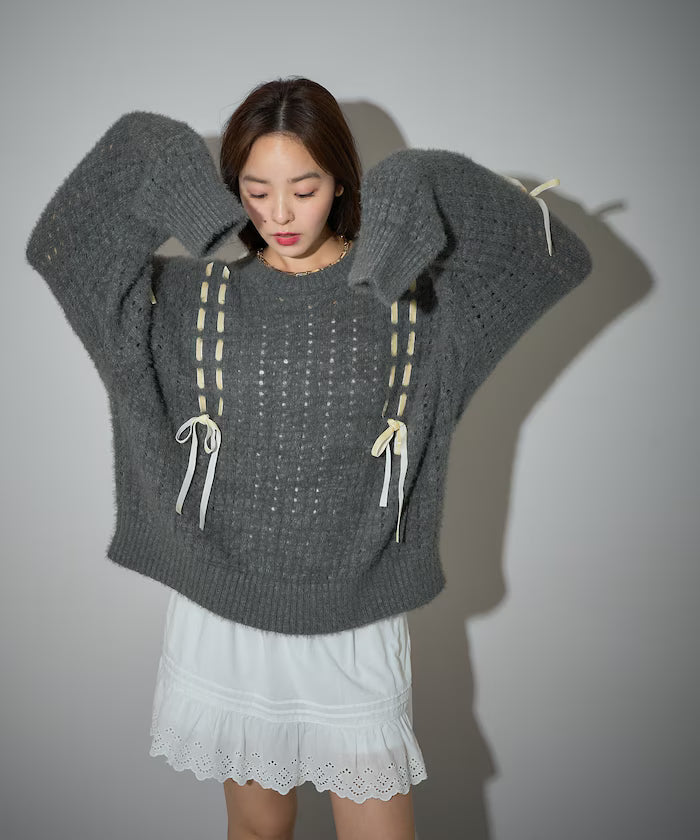 Velvet Ribbon Woven Feather Knit Limited Edition - Gray