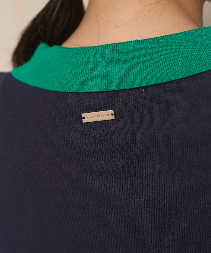 Color Design Fake Layered Long Sleeve Polo Knit Cardigan