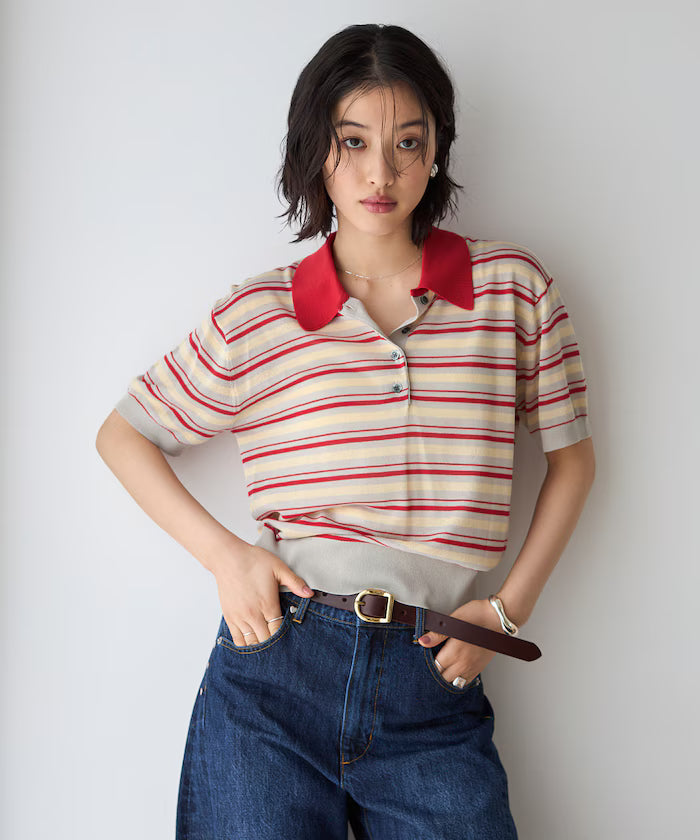 Relaxed Fit Color Design Polo Knit / Bicolor / Multi Stripe