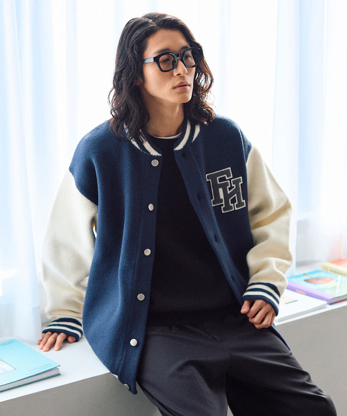Relaxed Fit Logo Knit Varsity Jacket - Navy