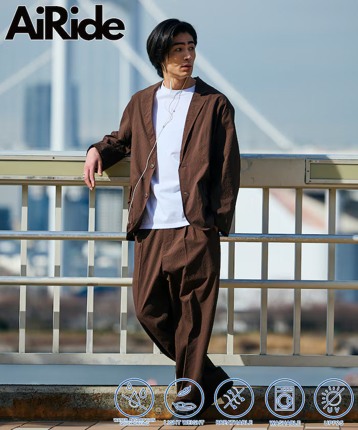 AiRide/AiRide Relax Fit Seersucker Setup/Tailored Jacket/Wide Slacks/Quick Dry/UV Cut 【Limited Release】 - Brown