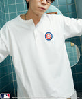 Limited Edition Custom MLB Logo Print Henley Neck Oversized T-Shirt - White