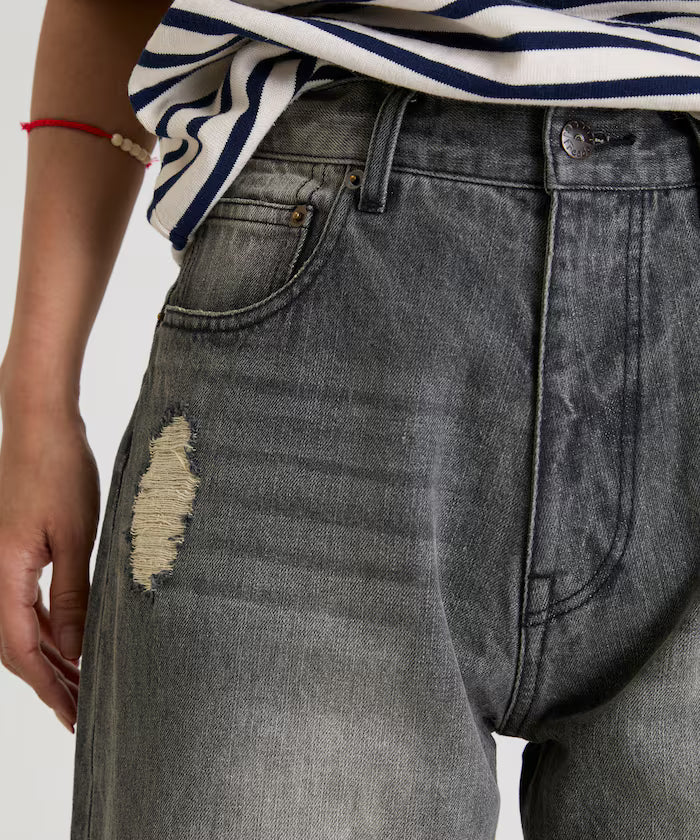 Flower Embroidery Wide Denim