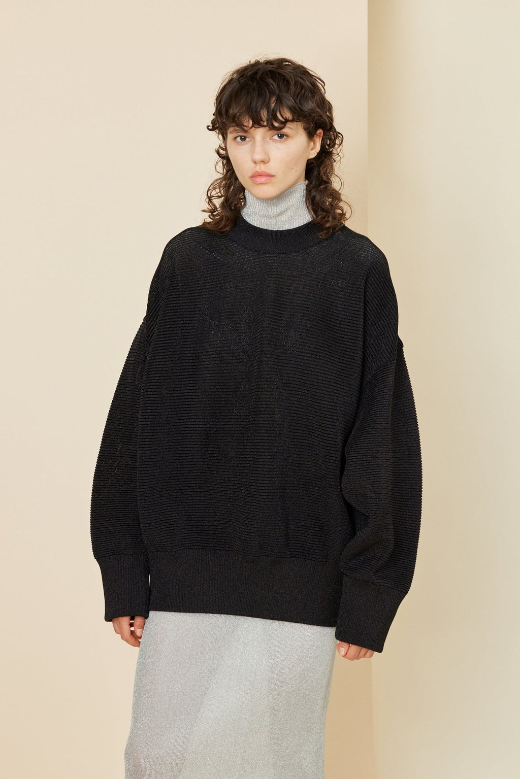 RIB METAL HIGHNECK LONG SLEEVE DRESS