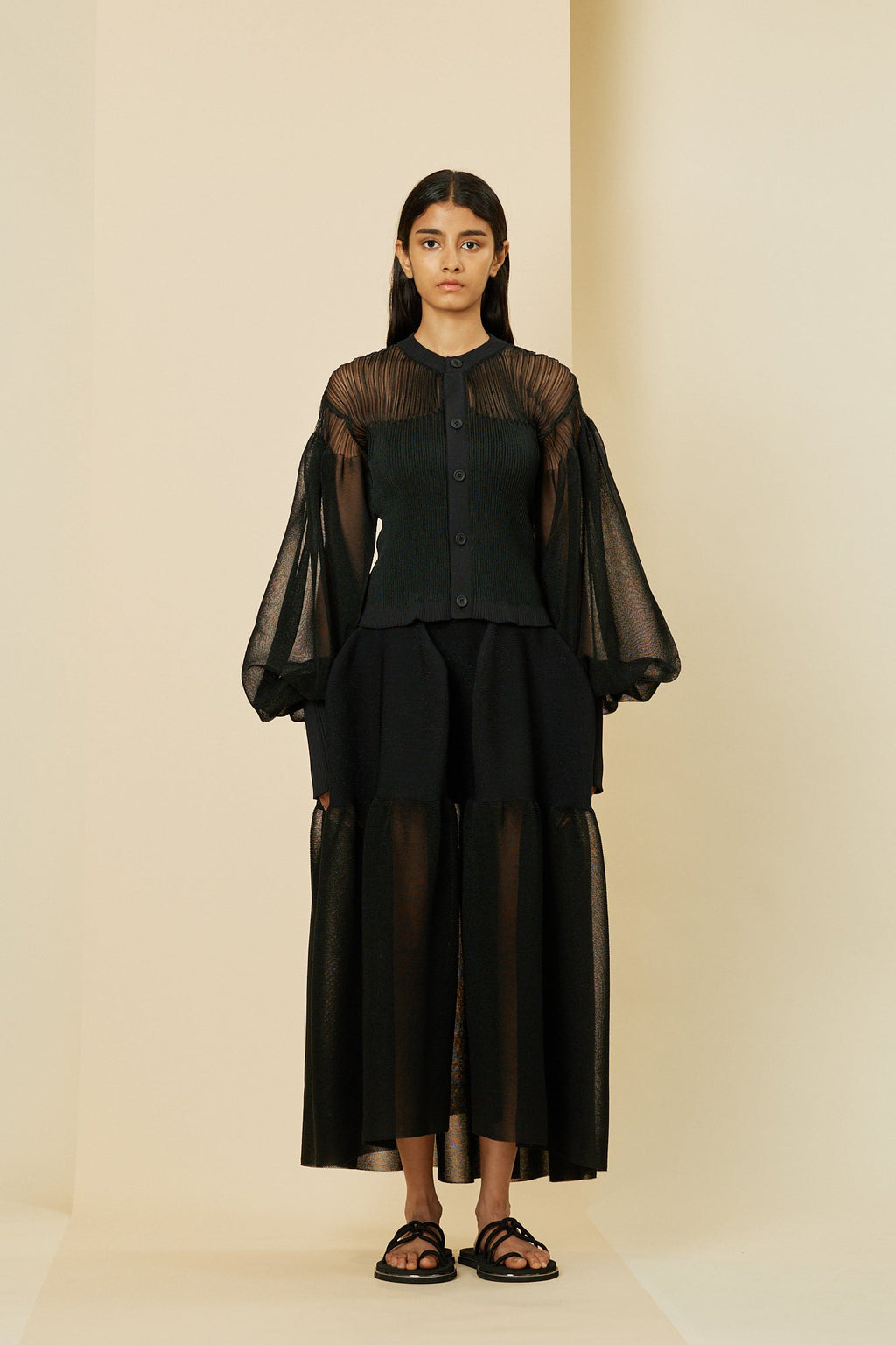 FLUTED LUCENT GLITTER PUFF SLEEVE CROPPED CARDIGAN