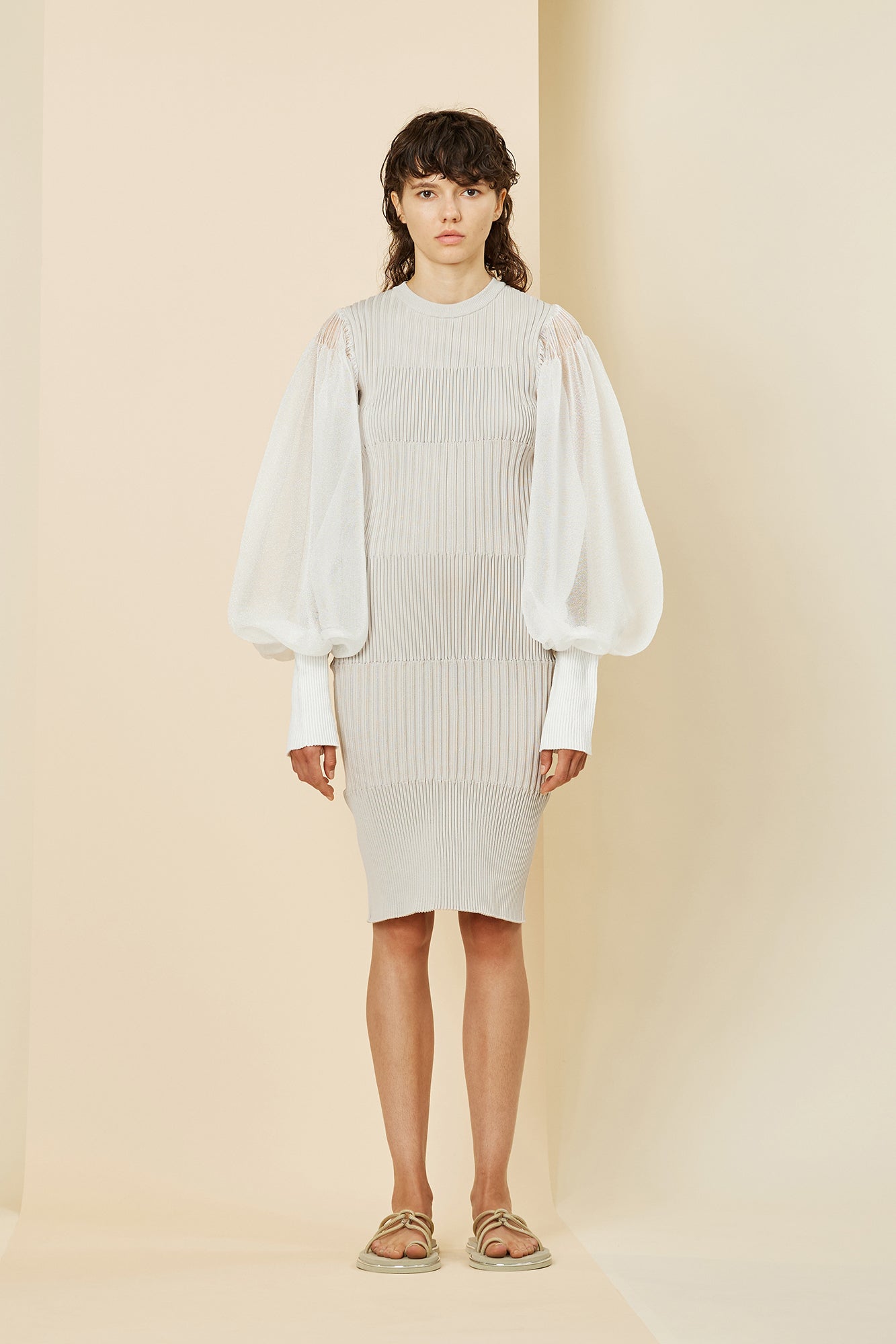 FLUTED LUCENT GLITTER LONG PUFF SLEEVE MINI DRESS