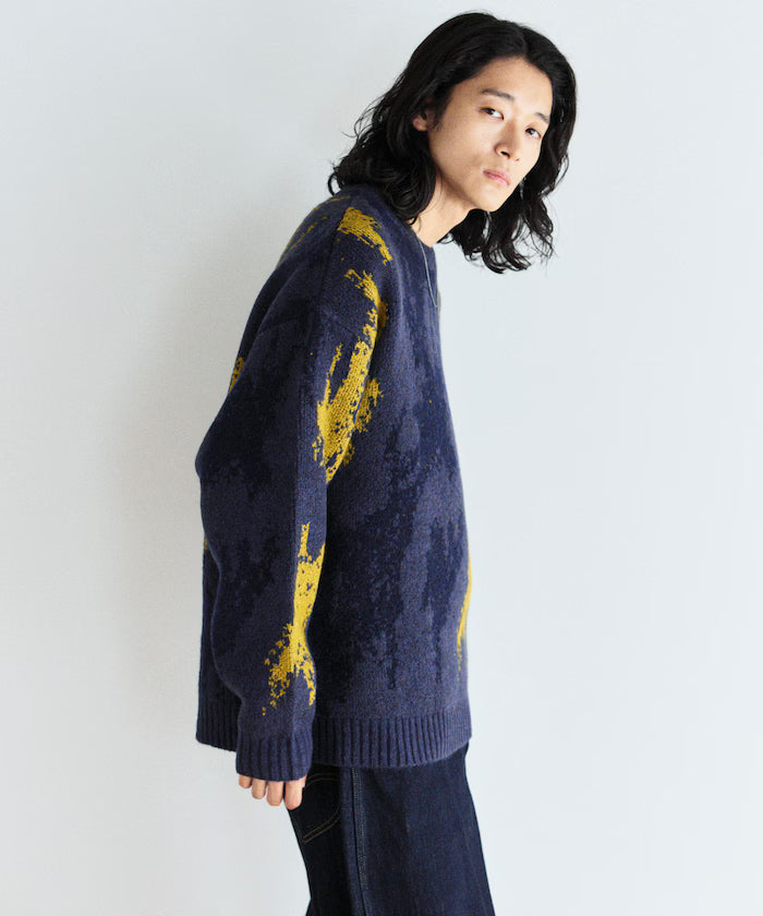 All-over Pattern Double Jacquard Knit Crew Neck Pullover / Relaxed Fit