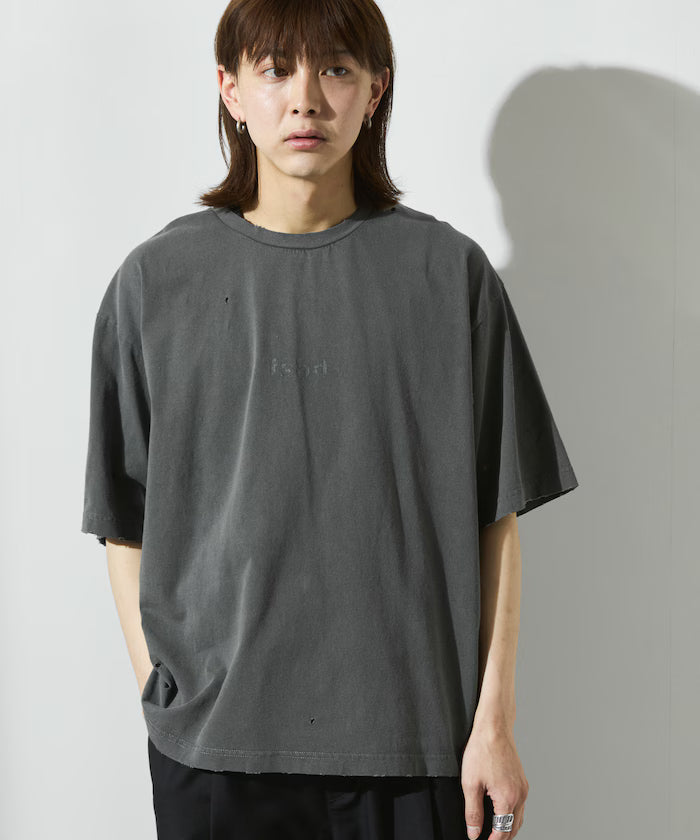 7.3 oz damaged processed front logo print short sleeve T-shirt / oversized crew neck short sleeve T-shirt