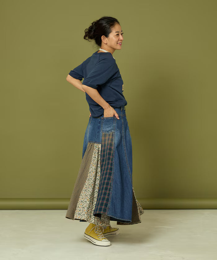 Side Front Denim Color Block Flared Skirt