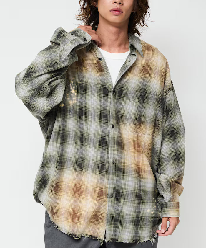 Relax Fit Relaxed Fit Bleached Ombre Check Flannel Shirt [Limited Edition] - Olive