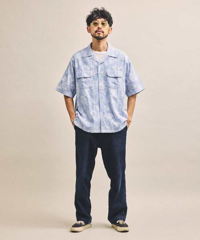 India-made Relaxed Fit Cut Jacquard Stripe Open Collar Short Sleeve Shirt