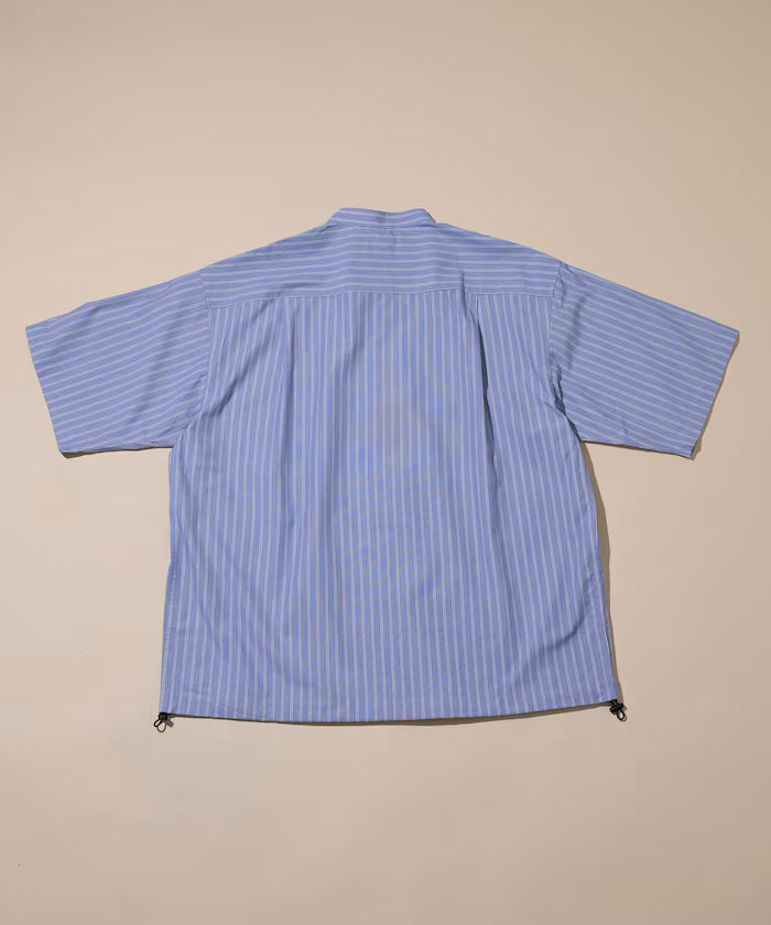 Typewriter Spindle Band Collar Stripe Short Sleeve Shirt