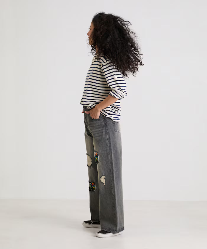 Flower Embroidery Wide Denim