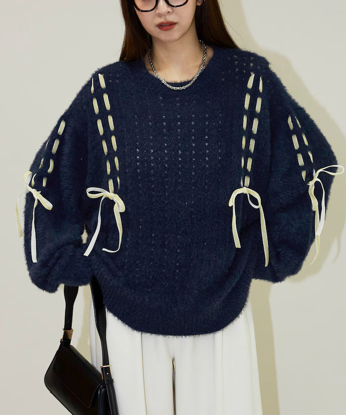 Velvet Ribbon Woven Feather Knit Limited Edition - Navy