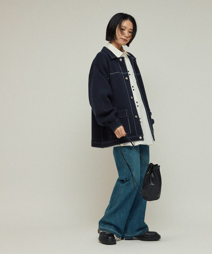 Oversized Wool Blend Knit Coverall / Color Stitch Knit Jacket