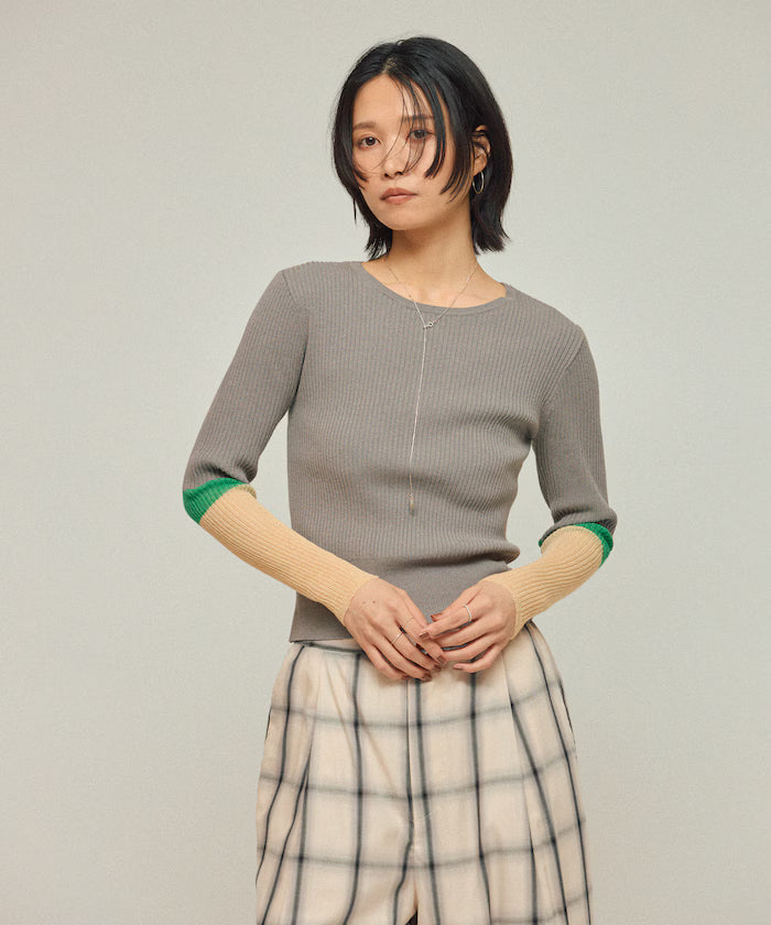 Functional material silk blend color block knit pullover / anti-pill / machine washable