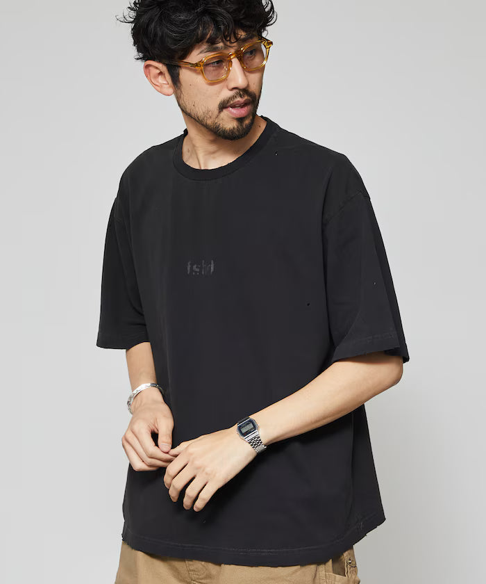 7.3 oz damaged processed front logo print short sleeve T-shirt / oversized crew neck short sleeve T-shirt
