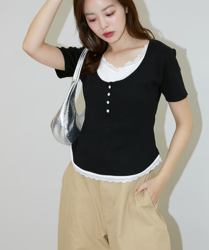 Short Sleeve Lace Layered Style Henley Neck T-Shirt Limited Edition