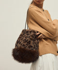 Faux Fur Animal Drawstring Bag - Brown