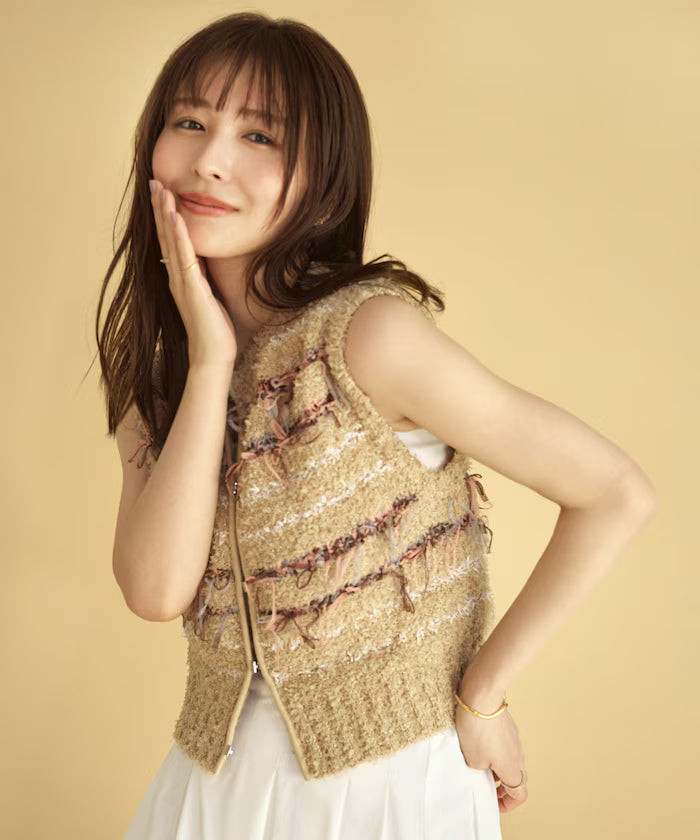 Mixed Material Fringe Knit Vest / Striped Knit Vest 25AW