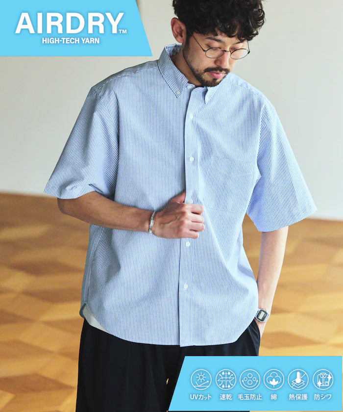 AIRDRY HIGH TECHYARN high-performance material oxford button-down shirt short sleeve moisture-wicking quick-dry - Blue