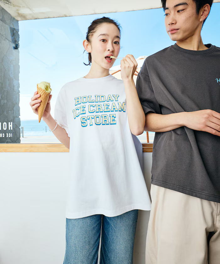 HOLIDAY ICECREAM×FREAK'S STORE Limited Edition Big Silhouette College Print Crew Neck T-Shirt