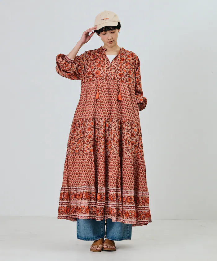 India Flower Print 4-Tiered Dress