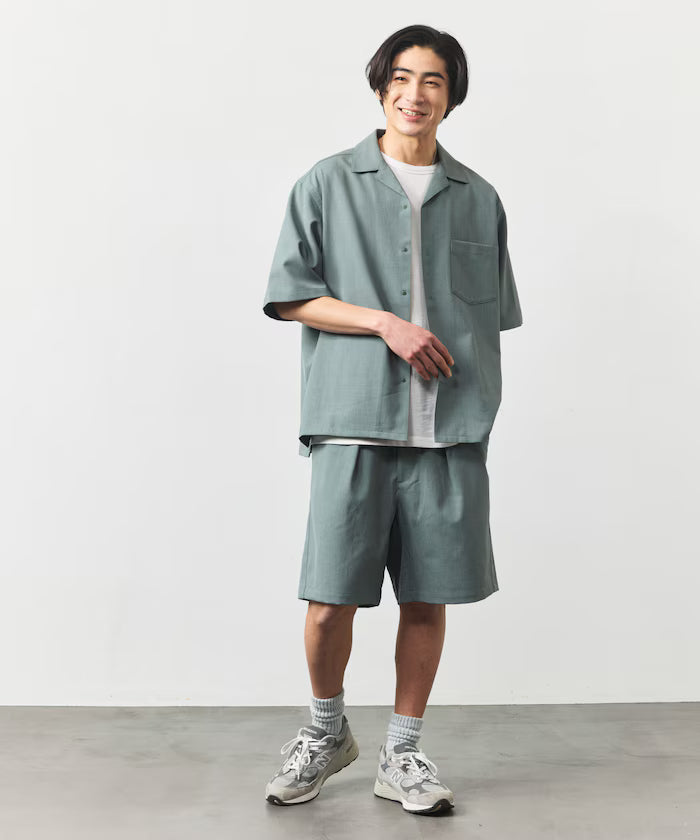 [New Color Addition] Quick-Dry Material Relaxed Fit Open Collar Short Sleeve Shirt Linen-Like