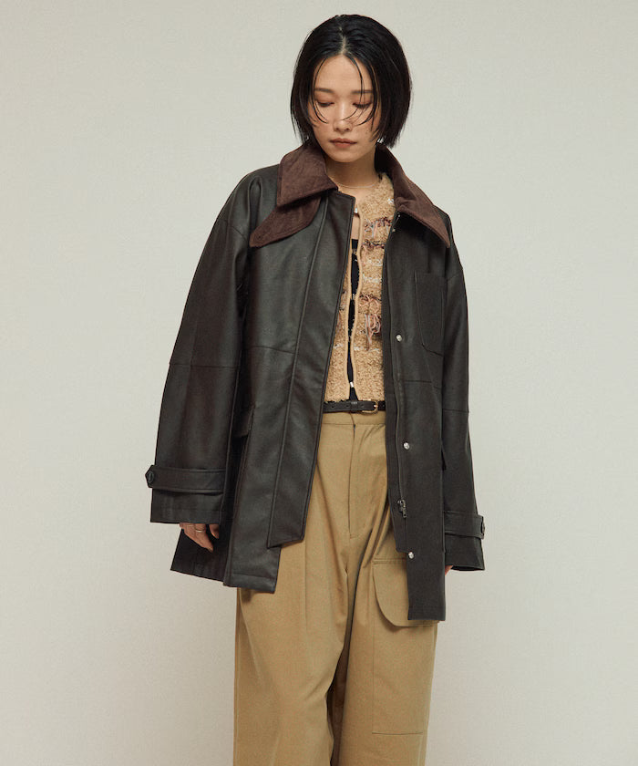 Oversized Crush Leatherette Jacket / Collar Corduroy