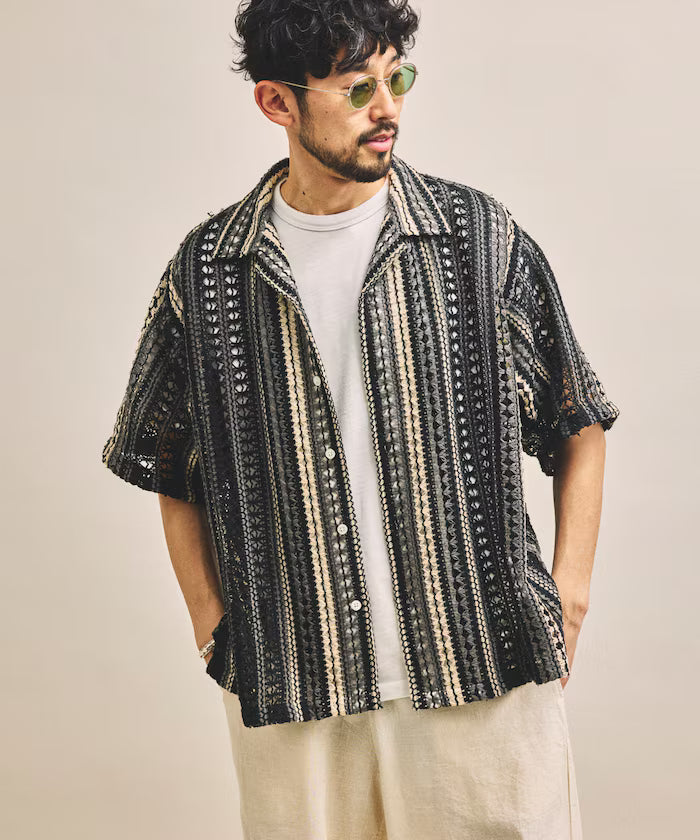 New color added: Indian-made relaxed fit all-over lace multi-stripe open collar short sleeve shirt