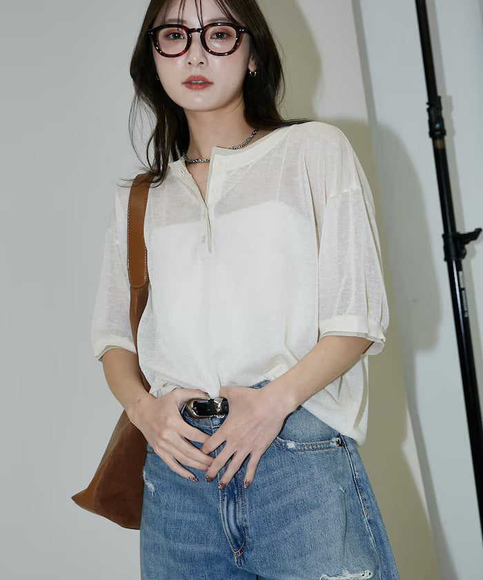 Washable linen color block henley neck knit top limited release