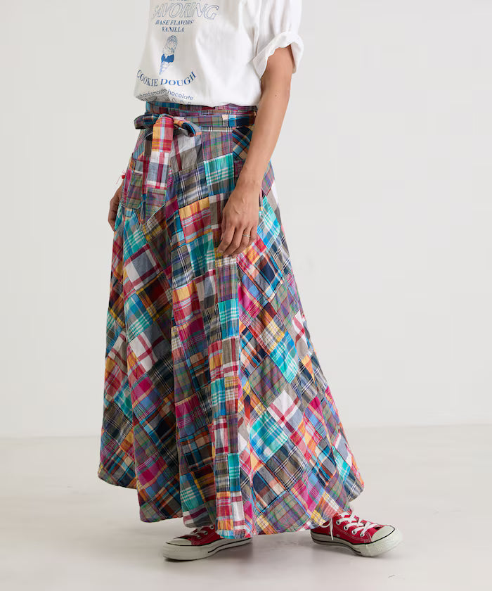 Indian patchwork check wrap skirt