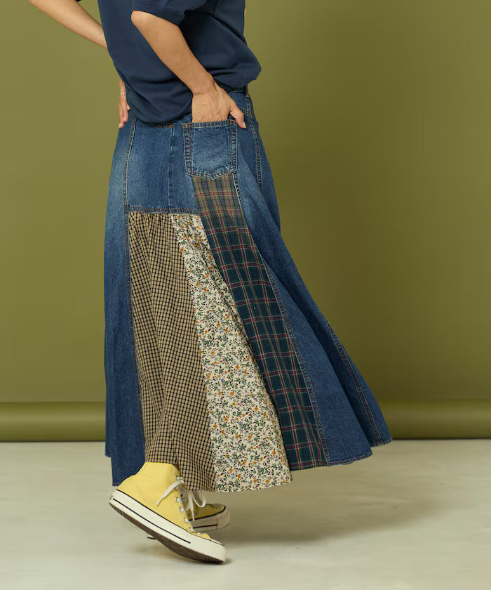 Side Front Denim Color Block Flared Skirt