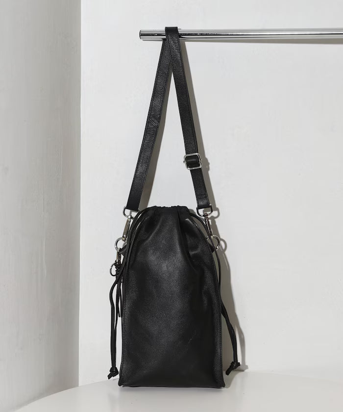 2WAY Leather Shoulder Bag 3 / Leather Vertical Drawstring 2WAY Shoulder Bag / Cowhide / Water-repellent Leather